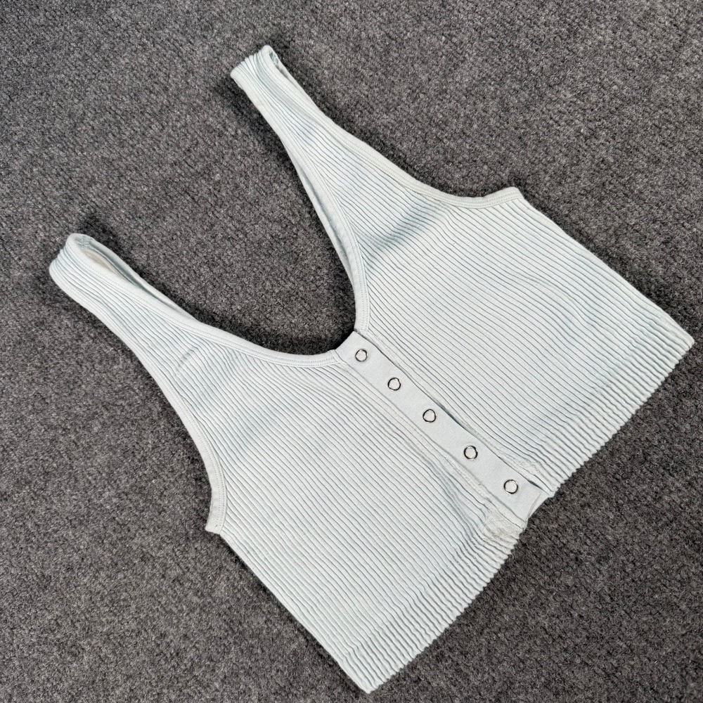 Aerie Ribbed Snap Front Crop Top Light Blue Sleeveless V-Neck XL #4281